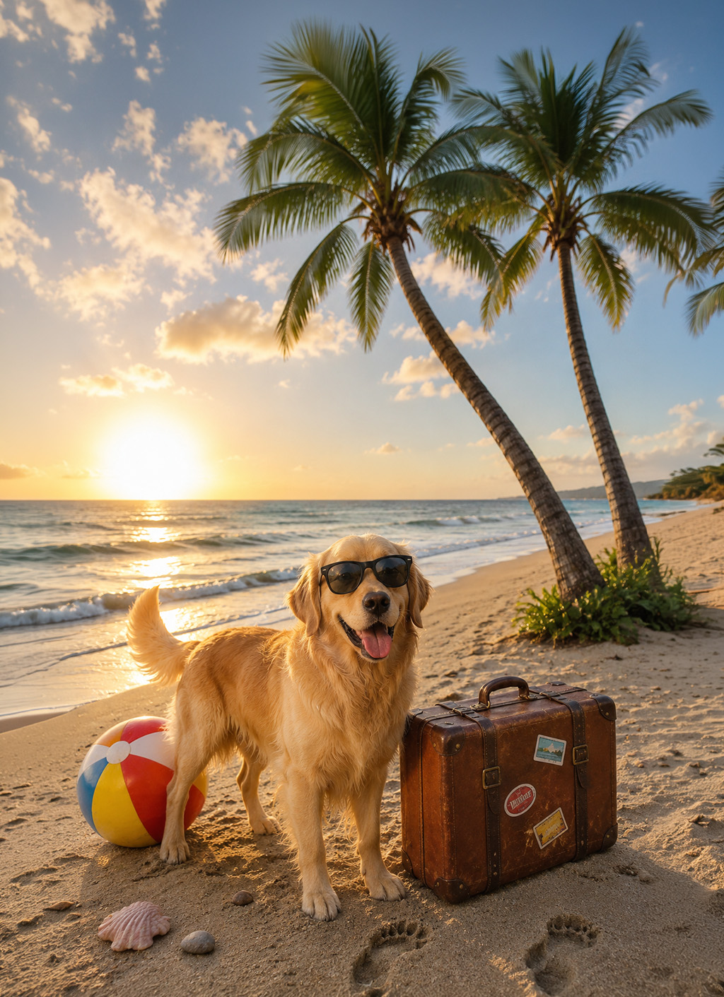 Golden retriever with sunglasses on a beach ready for a PUPcation adventure